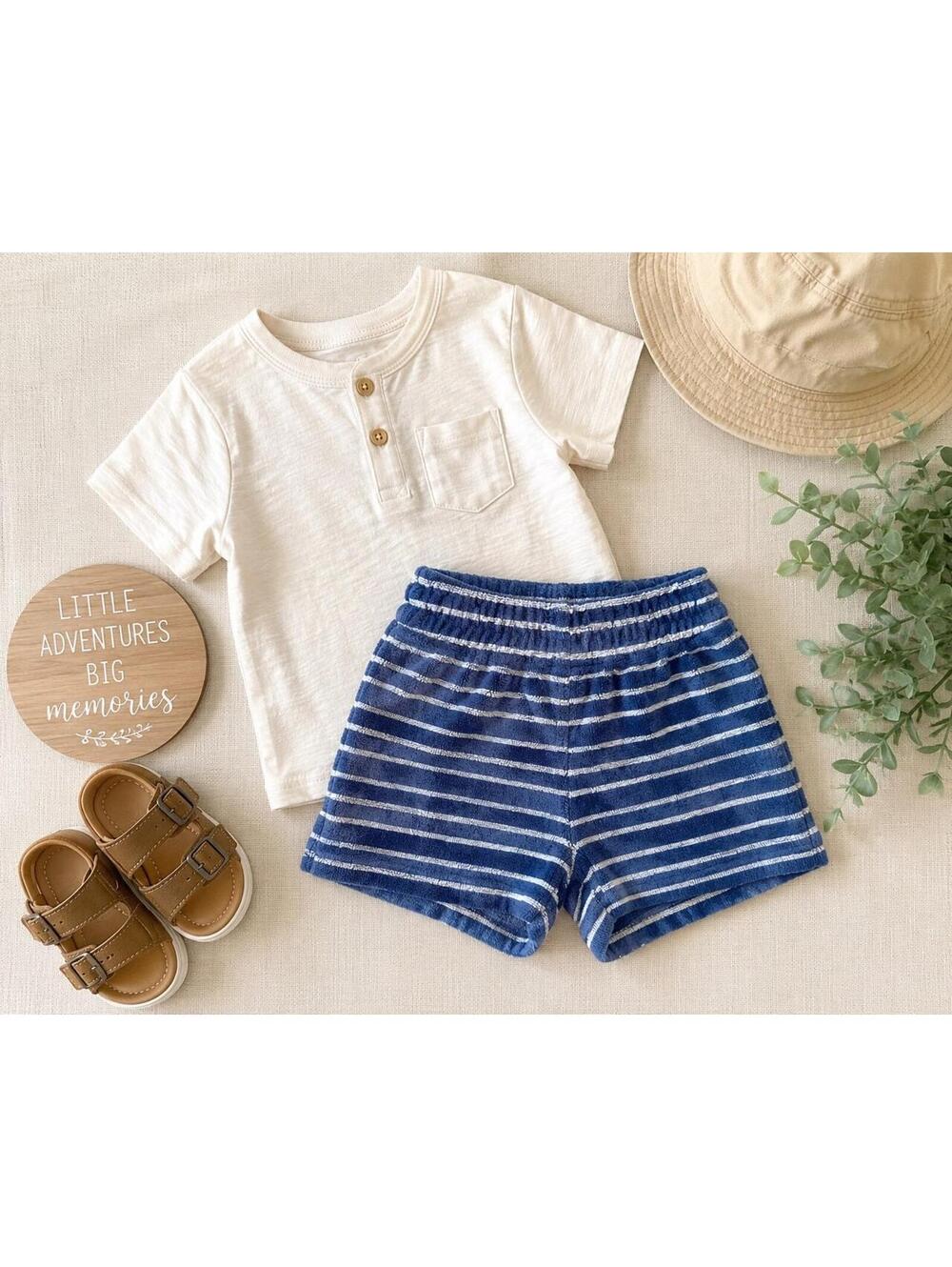 Easy-Peasy Baby Shorts 12M Blue White Striped Organic Cotton Terry Shorts - Picture 1 of 5